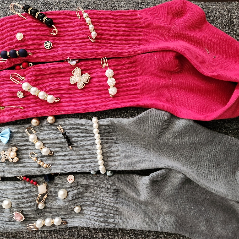 Elegant Pink and Gray Women's Socks with Pearl Accents